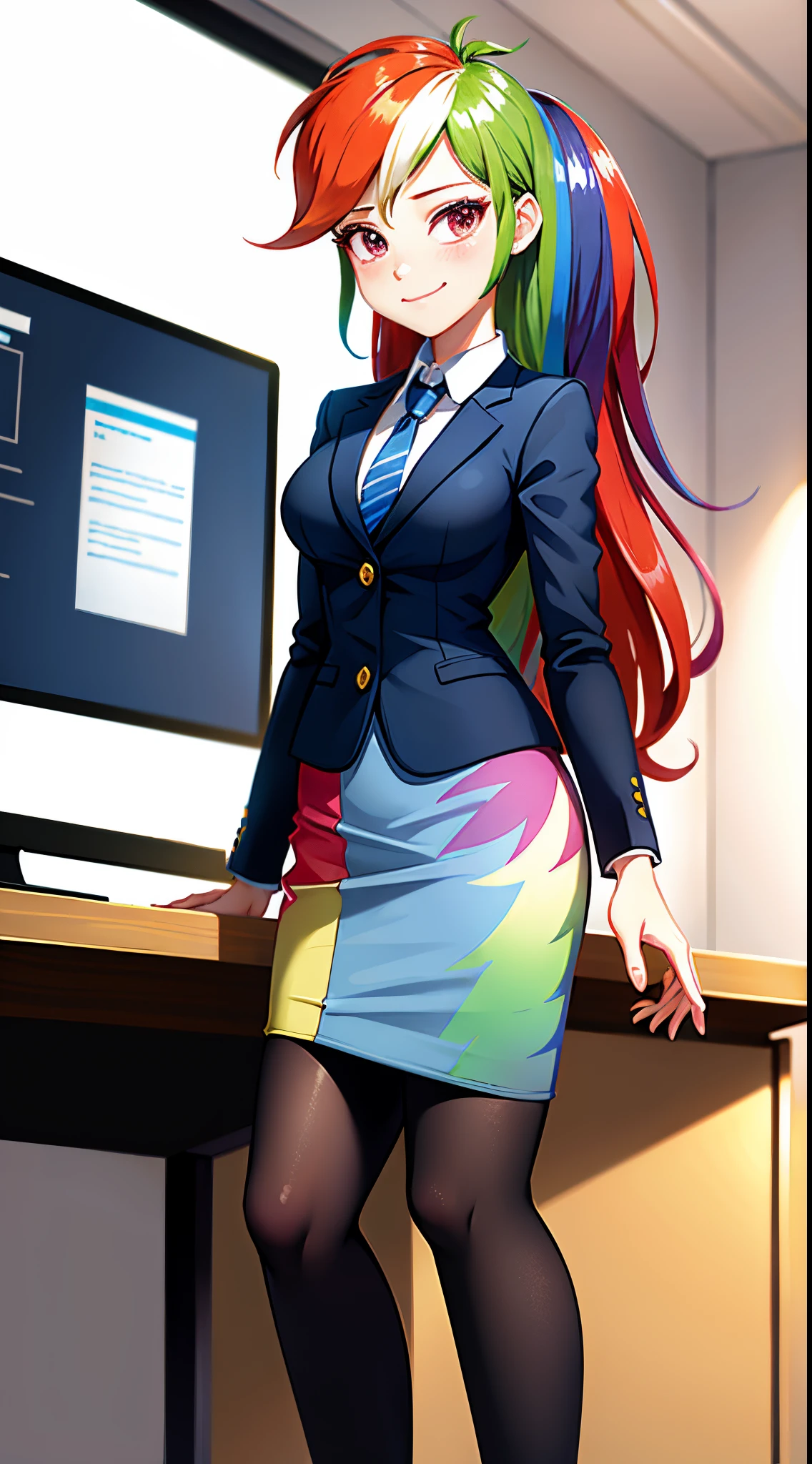 1girl, masterpiece, (detailed background), best quality, absurdres,
smirk, dressed like a secretary, business suit, skirt suit, blazer, pencil skirt, high heels, office, closed mouth,
mlpdash, personification, multicolored hair, colored skin, blue skin,