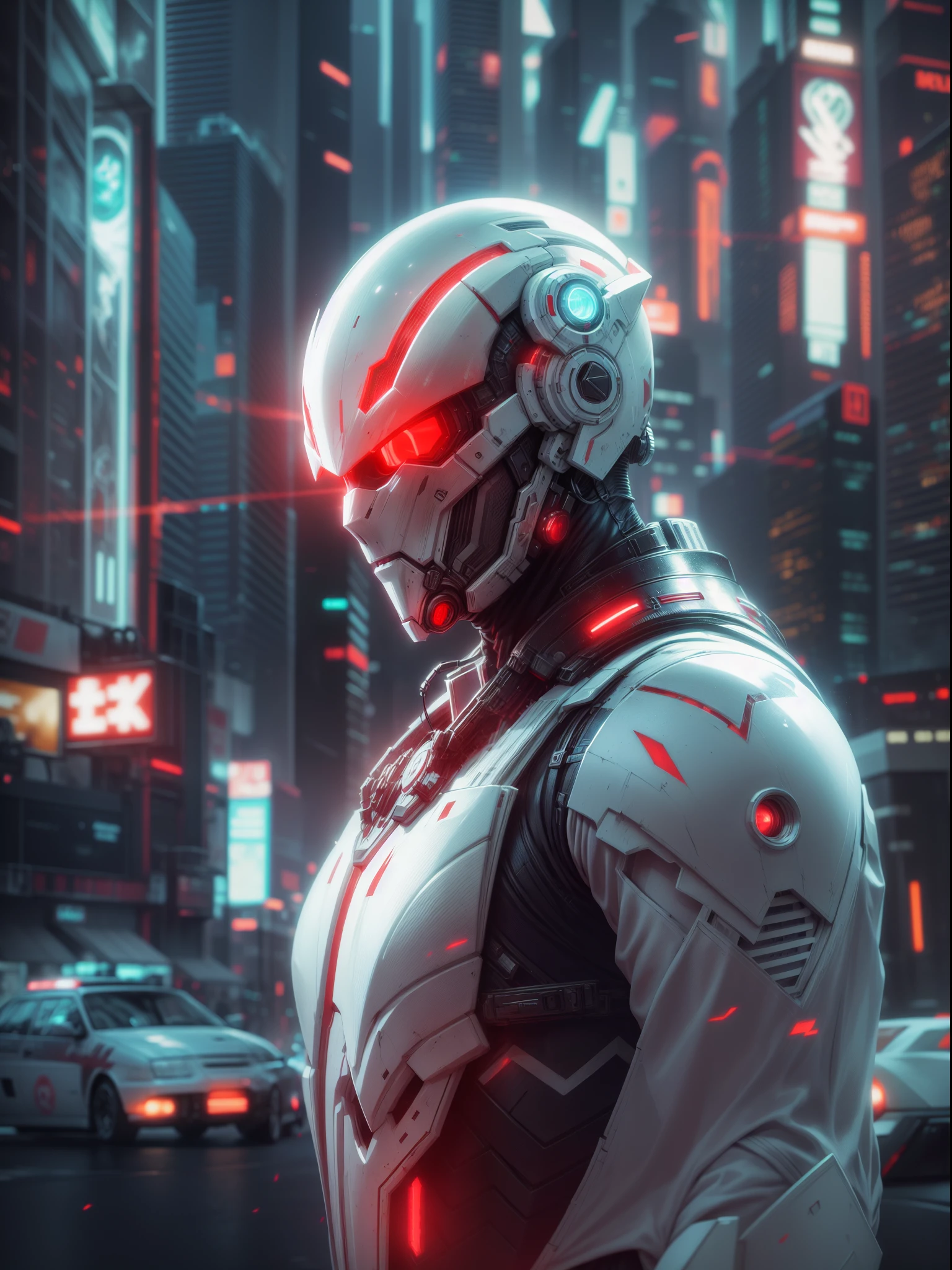 Glowing white and red lights 1maskman in cyberpunk city, white glowing armor suit, skyscrapers, 24K resolution, octane rendered, masterpiece, detailed portrait, very artistic and detailed artwork.