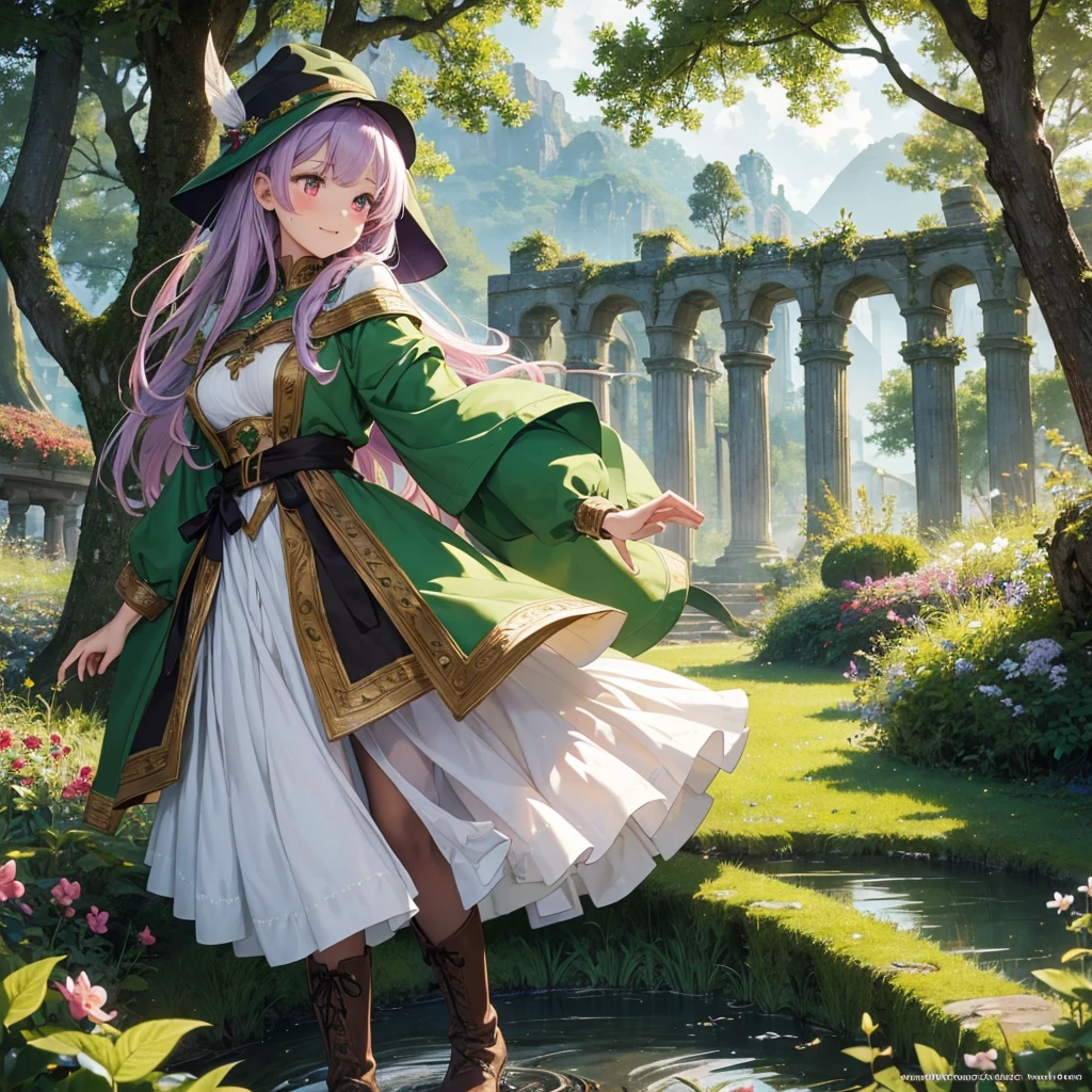 best quality, (masterpiece:1.2), illustration, absurdres, (1girl, solo), (beautiful detailed girl),, Aeolia, lilac hair, long hair, red eyes, medium breasts,, happy, cheerful,, green hat, hat with feather ornament, green dress, green coat, (fantasy:1.1) (medieval:1.1) outfit, (black_pantyhose:1.1), white shirt, brown shorts, fleece lined boots, brown boots,, magical forest, flowers, fairy ring, ancient ruins, stone ruins, lake, sky, clouds
