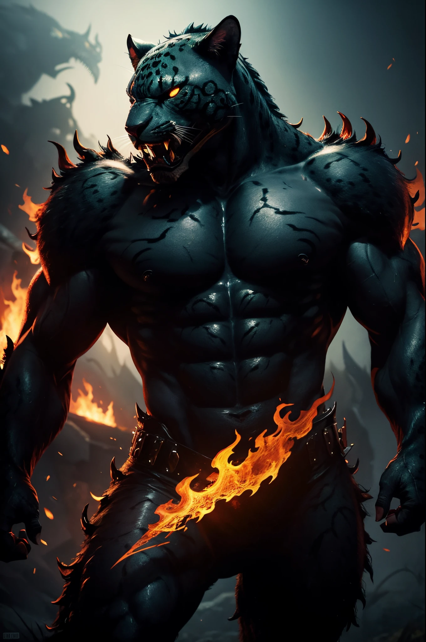 nightmare beast Jaguar, flames, best quality, cinematic lighting, beautiful,