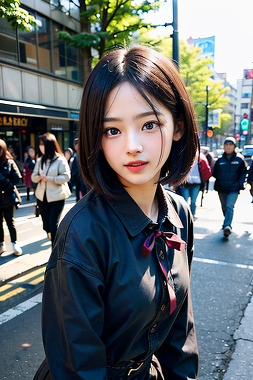 (8K、Raw photography、top-quality、masterpiece:1.2)、(realisitic、Photorealsitic:1.37)、1 girl in、 only、cute little、adolable、(blue eyess)、(Shy smile:0.4)、(独奏)、详细的脸、oval-face、Thin almond eyes、(Brown hair shorthair:1.3)、Hair over one eye、A slender、medium breasts、Plain clothe、Collared shirt、Dramatic Angle、tilt of the head、sunlight、In the street、Harajuku、From thigh up、small head、(Facing the other side)、teens girl、piercings