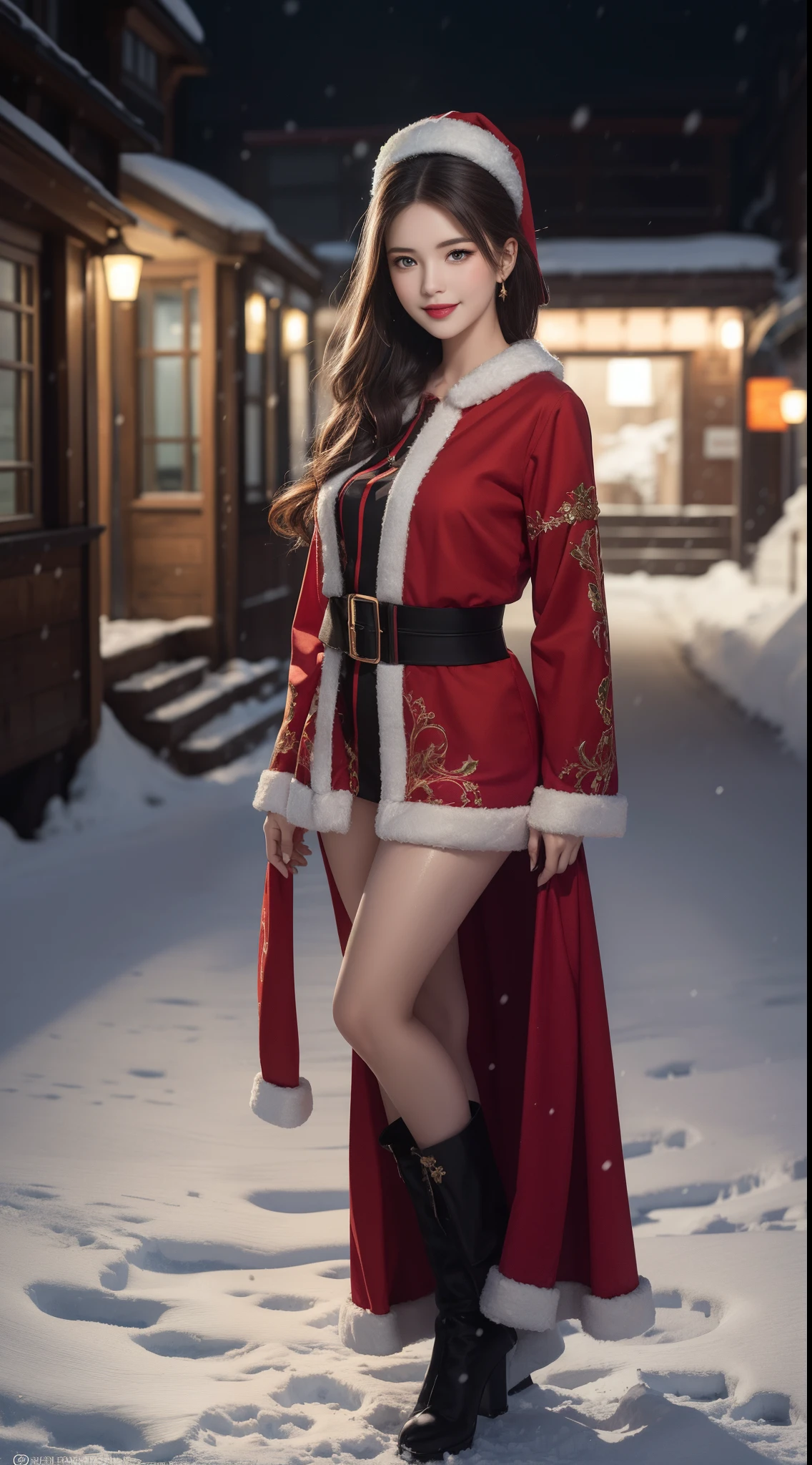 (Aesthetic, High Resolution: 1.2), full-body portrait of a beautiful 20-year-old woman wearing an intricately detailed red boby Santa Claus costume, symmetrical costume structure, clear eyes bright, happy smile, changed hairstyle, snow is falling, snow in hair. Professional photographer, minimalism, concept art, intricate detail, 8k post-production, High Definition, Super Detail, trending on ArtStation, sharp focus, artistic dark studio photos , intricate details, Highly detailed, By Greg Rutkowski, professional light and dark art, Vibrant colors. Outdoor winter scene with snow in the evening, A slight smile, True art, various hairstyles and color changes, Passionate mood, Seductive expressions, Sexy lips, Wet lips , Seductive closed eyes, Seductive appearance, suggestive posture.