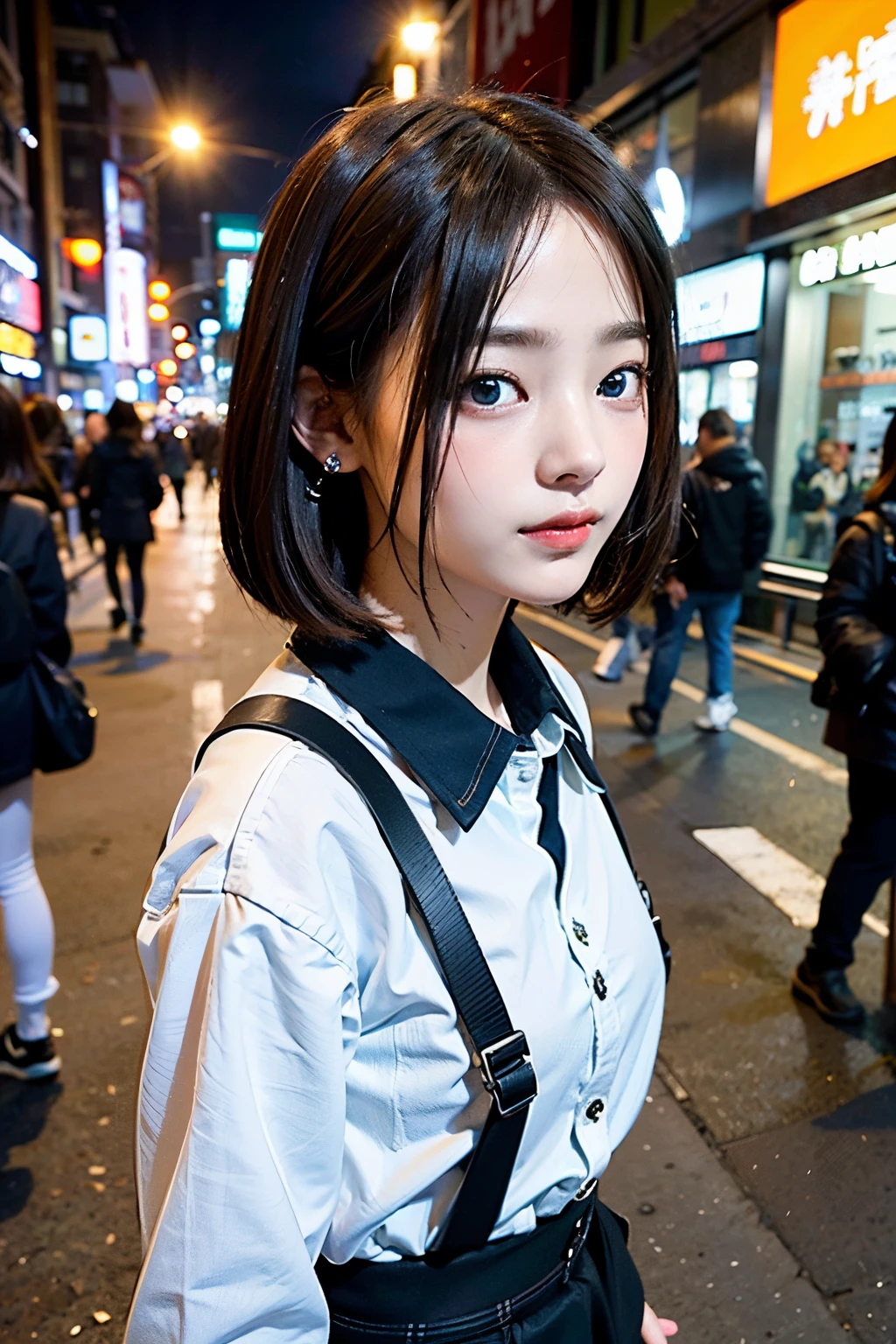 (8K、Raw photography、top-quality、​masterpiece:1.2)、(realisitic、Photorealsitic:1.37)、1 girl in、16 only、cute little、adolable、(blue eyess)、(Shy smile:0.4)、(独奏)、详细的脸、oval-face、Thin almond eyes、(Brown hair shorthair:1.3)、Hair over one eye、A slender、medium breasts⁩、Plain clothe、Collared shirt、Dramatic Angle、tilt of the head、fluorescent lamp、In the street、Harajuku、From thigh up、small head、(Facing the other side)、teens girl、piercings