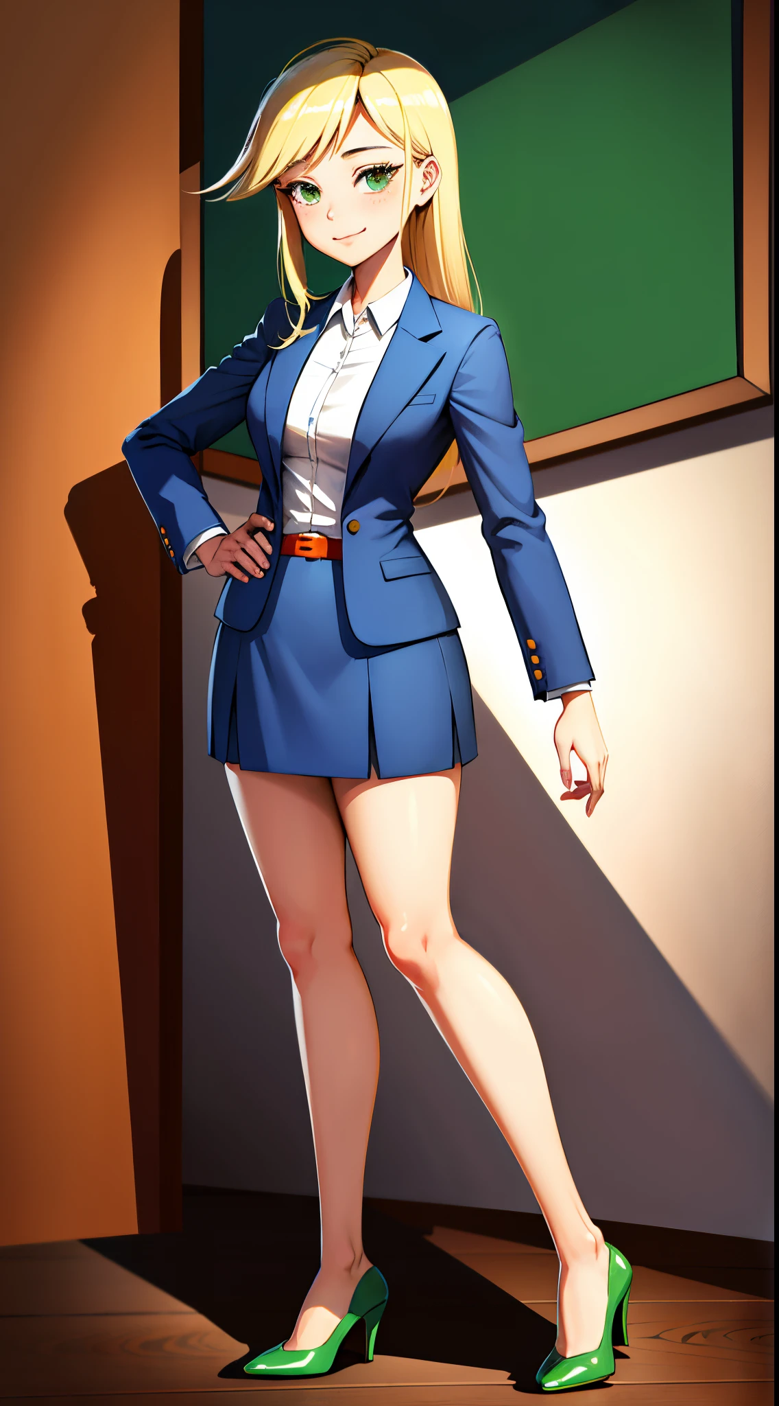 1girl, masterpiece, (detailed background), best quality, absurdres,
smirk, dressed like secretary, business suit, skirt suit, blazer, pencil skirt, bare legs, high heels, closed mouth, office, personification, blonde hair, orange skin, green eyes