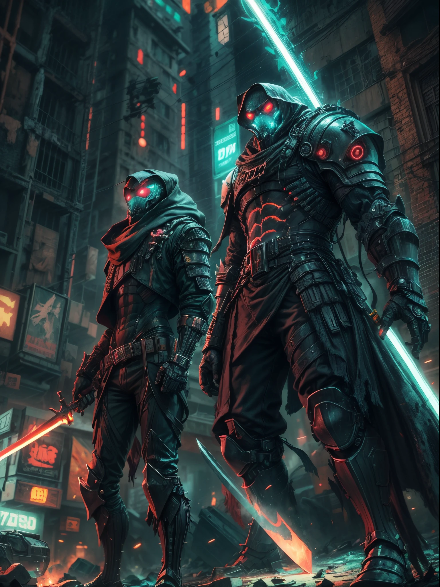 NeonMutation GrimKnights, (CthuluBishop:1), digital art, vibrant color scheme, glowing lights, detailed armor and swords, dystopian setting, post-apocalyptic scenery, sharp focus, high contrast, dramatic shadows, intense atmosphere, abandoned city, eerie glow, cyberpunk style, shattered buildings, crumbling infrastructure, futuristic technology, glowing neon signs