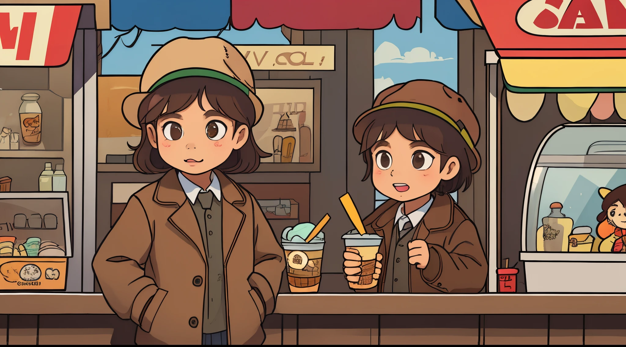 Little Detective, (In a brown jacket, in a hat,) at the ice cream stall, the seller