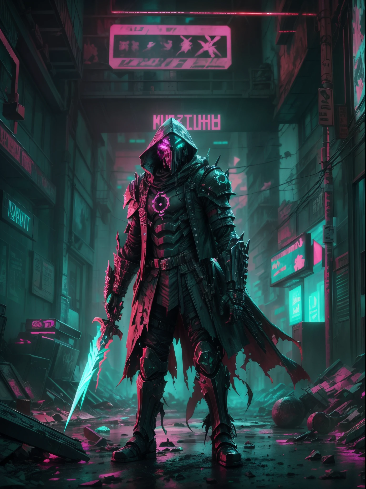 NeonMutation GrimKnights, (CthuluBishop:1), digital art, vibrant color scheme, glowing lights, detailed armor and swords, dystopian setting, post-apocalyptic scenery, sharp focus, high contrast, dramatic shadows, intense atmosphere, abandoned city, eerie glow, cyberpunk style, shattered buildings, crumbling infrastructure, futuristic technology, glowing neon signs