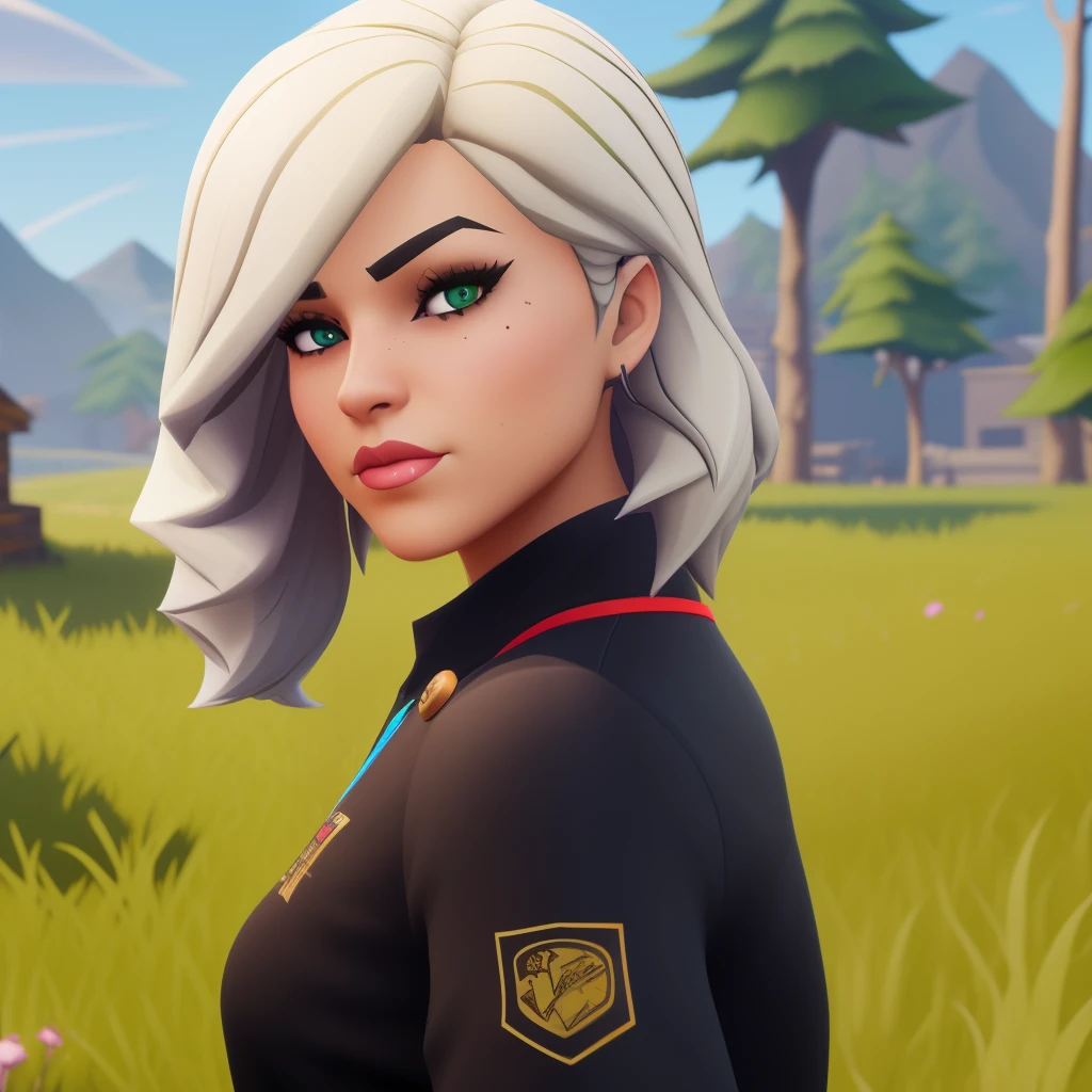 fortnite skin with platinum blonde hair with black streaks, green eyes, dark eyebrows, big lips, button nose, thin body, big butt