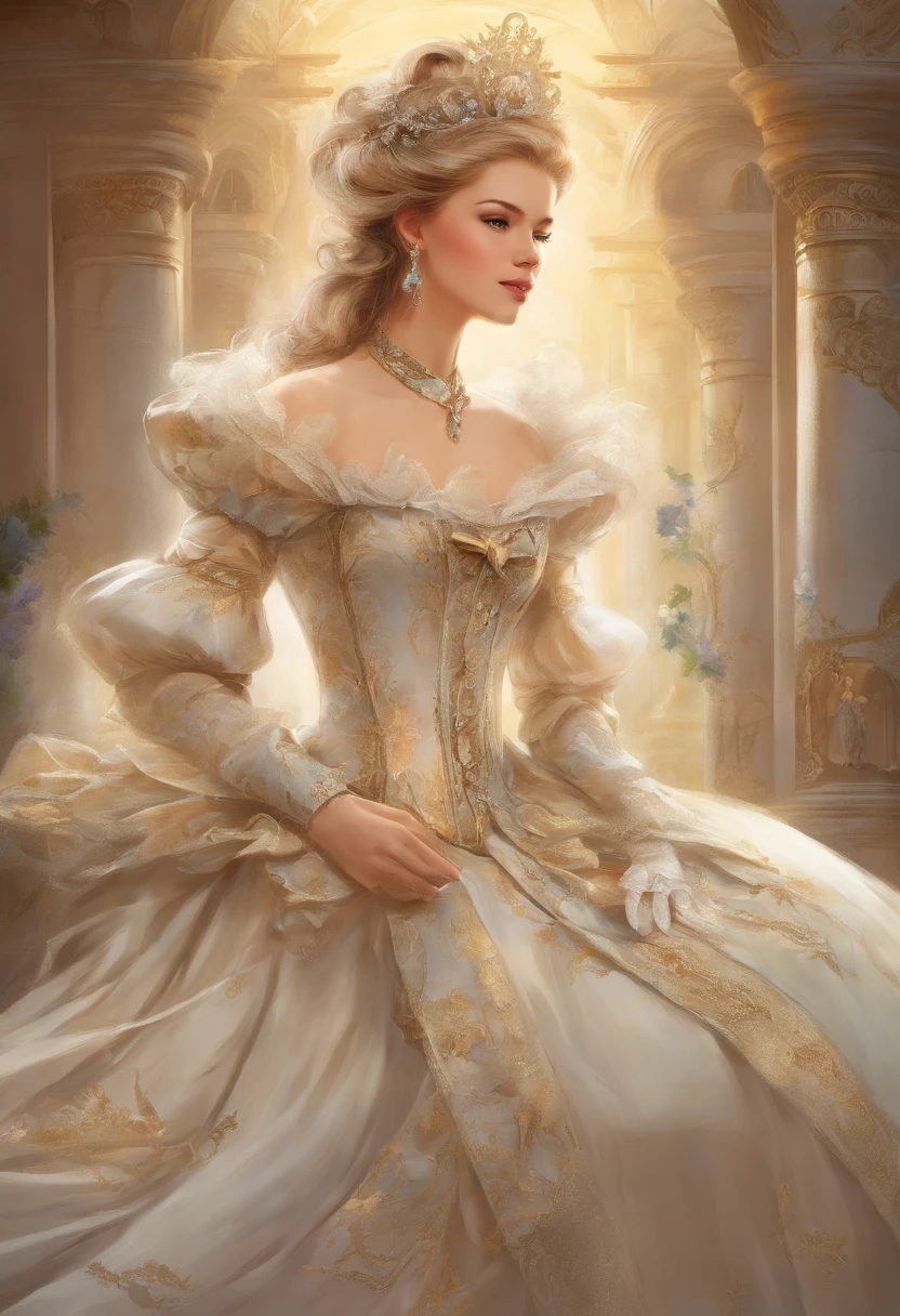 Fairytale Illustration, A Stately and Elaborate Royal Victorian Court Dress of silver damask adorned with (((bows))), poufs, ruffles, frills, lace, (((embroidery))), and jewels,, with (((enormous puffed sleeves))), an hourglass waist, and a (((huge crinoline hoopskirt))) long white gloves, pearl necklace and earrings
