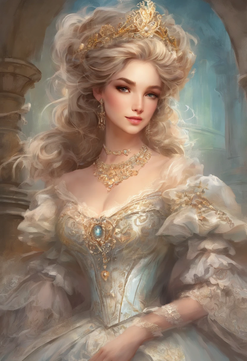 Fairytale Illustration, A Stately and Elaborate Royal Victorian Court Dress of silver damask adorned with (((bows))), poufs, ruffles, frills, lace, (((embroidery))), and jewels,, with (((enormous puffed sleeves))), an hourglass waist, and a (((huge crinoline hoopskirt))) long white gloves, pearl necklace and earrings