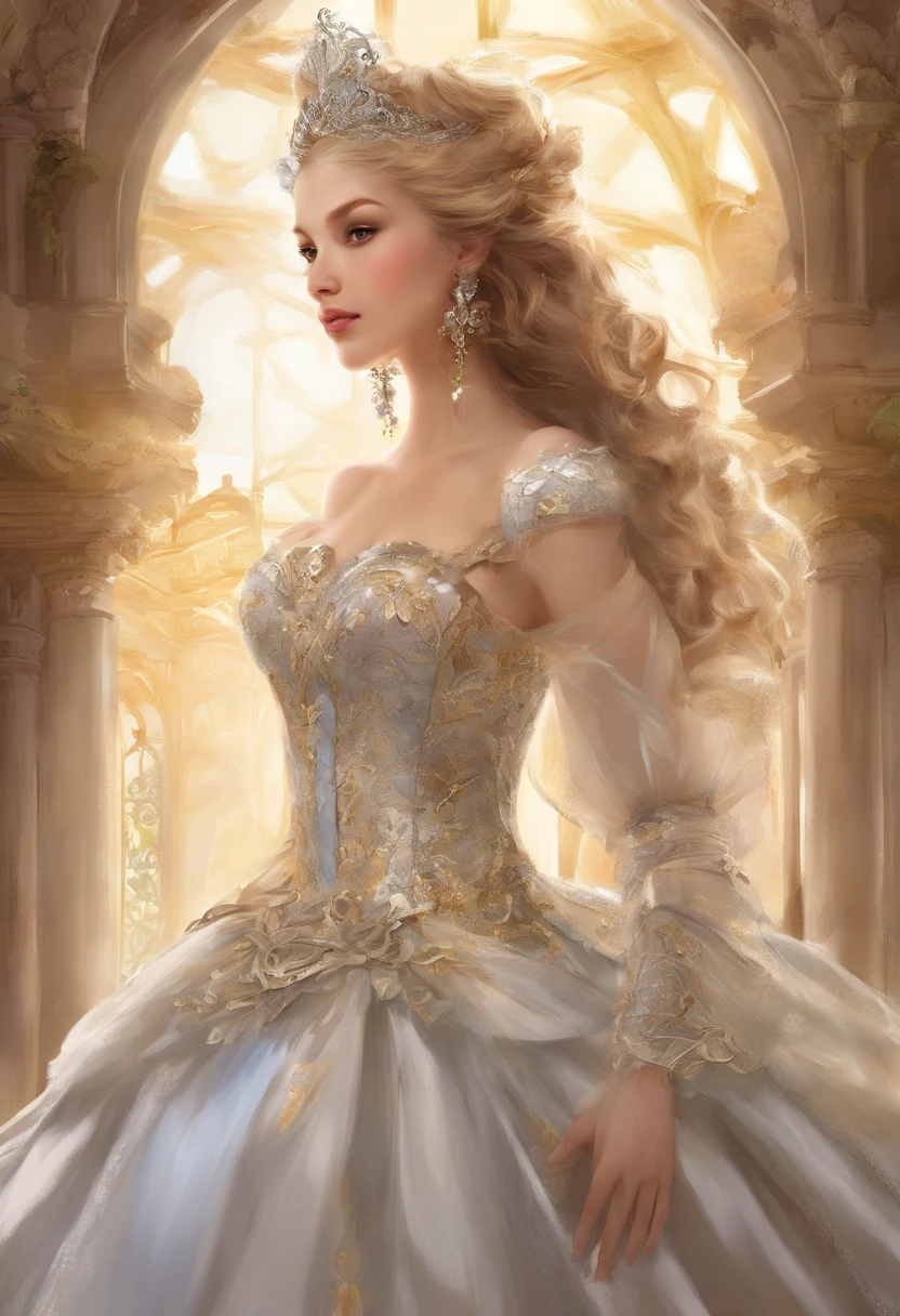 Fairytale Illustration, A Stately and Elaborate Royal Victorian Court Dress of silver damask adorned with (((bows))), poufs, ruffles, frills, lace, (((embroidery))), and jewels,, with (((enormous puffed sleeves))), an hourglass waist, and a (((huge crinoline hoopskirt))) long white gloves, pearl necklace and earrings