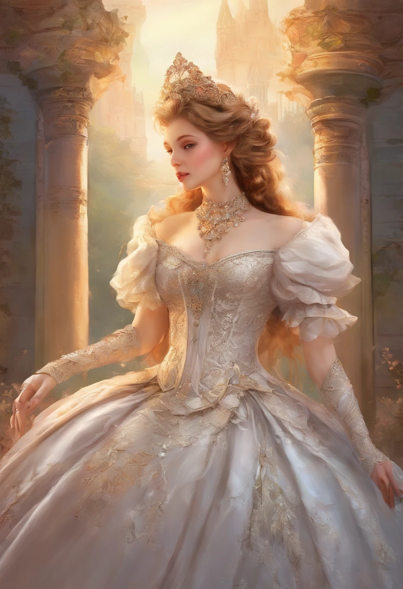 Fairytale Illustration, A Stately and Elaborate Royal Victorian Court Dress of silver damask adorned with (((bows))), poufs, ruffles, frills, lace, (((embroidery))), and jewels,, with (((enormous puffed sleeves))), an hourglass waist, and a (((huge crinoline hoopskirt))) long white gloves, pearl necklace and earrings