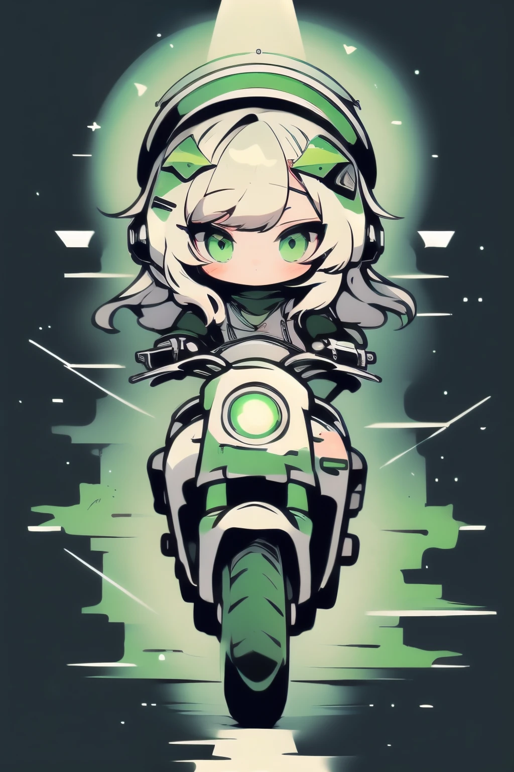 Highest image quality, outstanding details, ultra-high resolution, (realism: 1.4), the best illustration, favor details, highly condensed 1girl, with a delicate and beautiful face, dressed in a black and green mecha, wearing a mecha helmet, holding a directional controller, riding on a motorcycle, the background is a high-tech lighting scene of the future city.