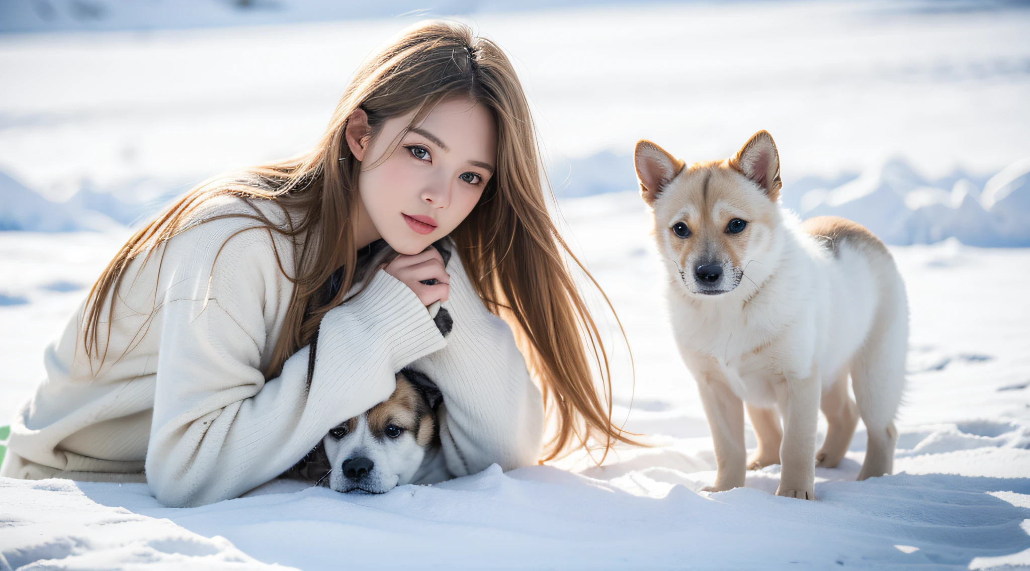 sentado em uma colina nevada com um cachorro branco CHILD GIRL BLONDE LONG HAIR , nas montanhas de neve,