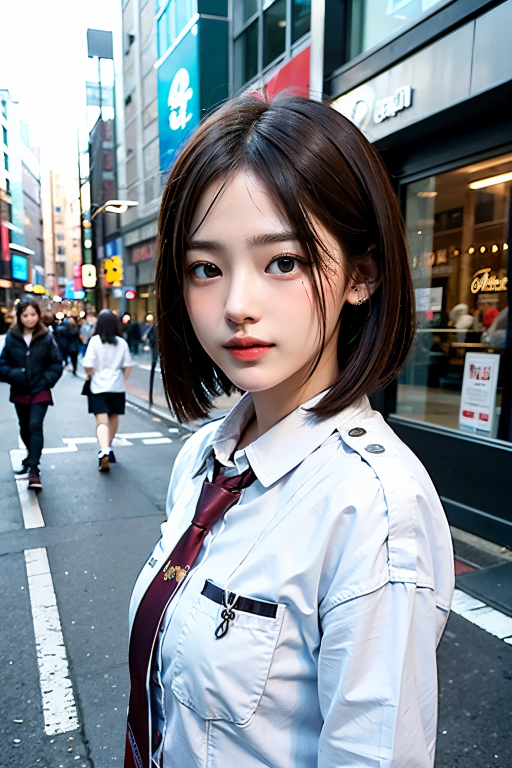 (8K、Raw photography、top-quality、​masterpiece:1.2)、(realisitic、Photorealsitic:1.37)、1 girl in、16 only、cute little、adolable、(blue eyess)、(Shy smile:0.4)、(独奏)、详细的脸、oval-face、Thin almond eyes、(Brown hair shorthair:1.3)、Hair over one eye、A slender、medium breasts⁩、Plain clothe、Collared shirt、Dramatic Angle、tilt of the head、sunlight、In the street、Harajuku、From thigh up、small head、(Facing the other side)、s girl、piercings