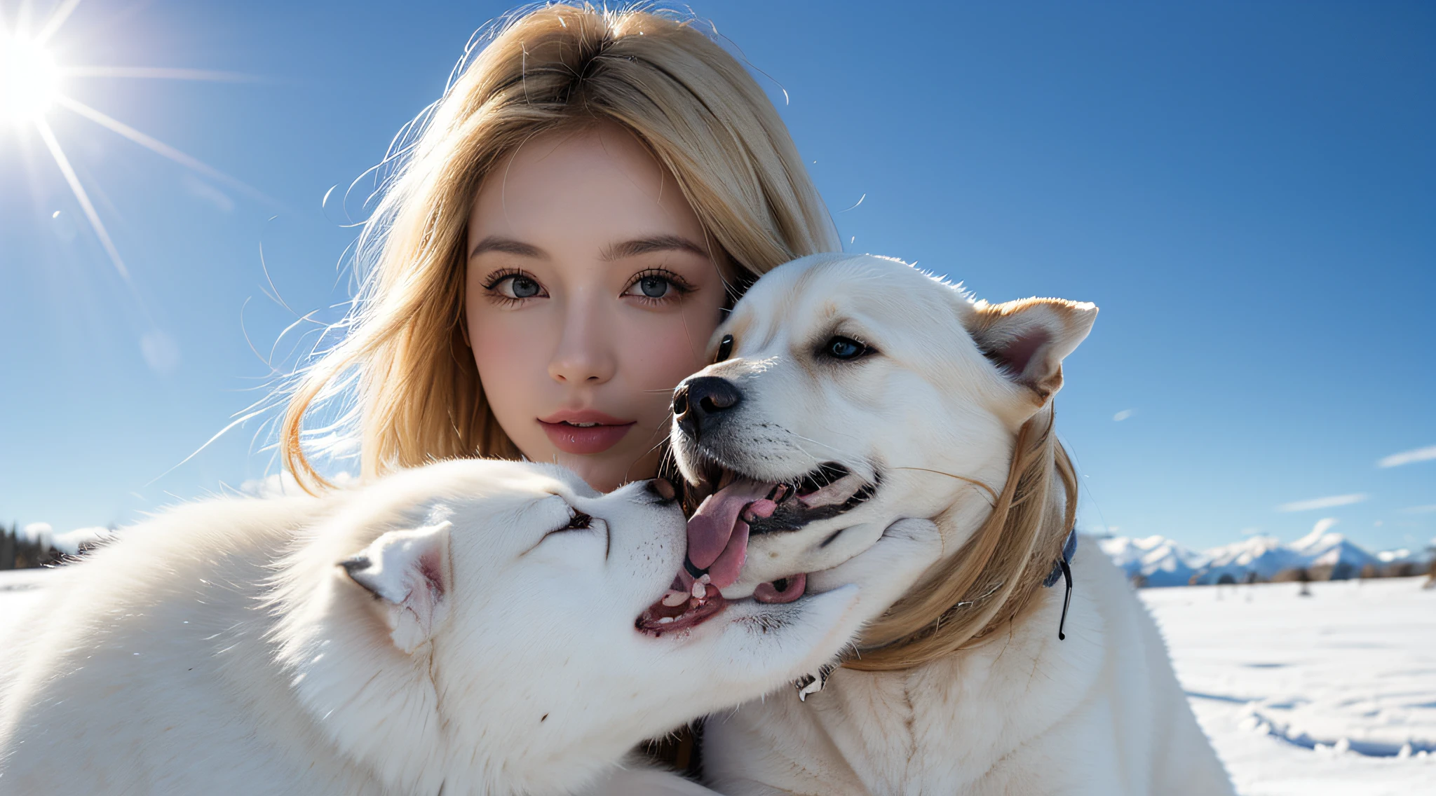 sentado em uma colina nevada com um cachorro branco CHILD GIRL BLONDE LONG HAIR , nas montanhas de neve,