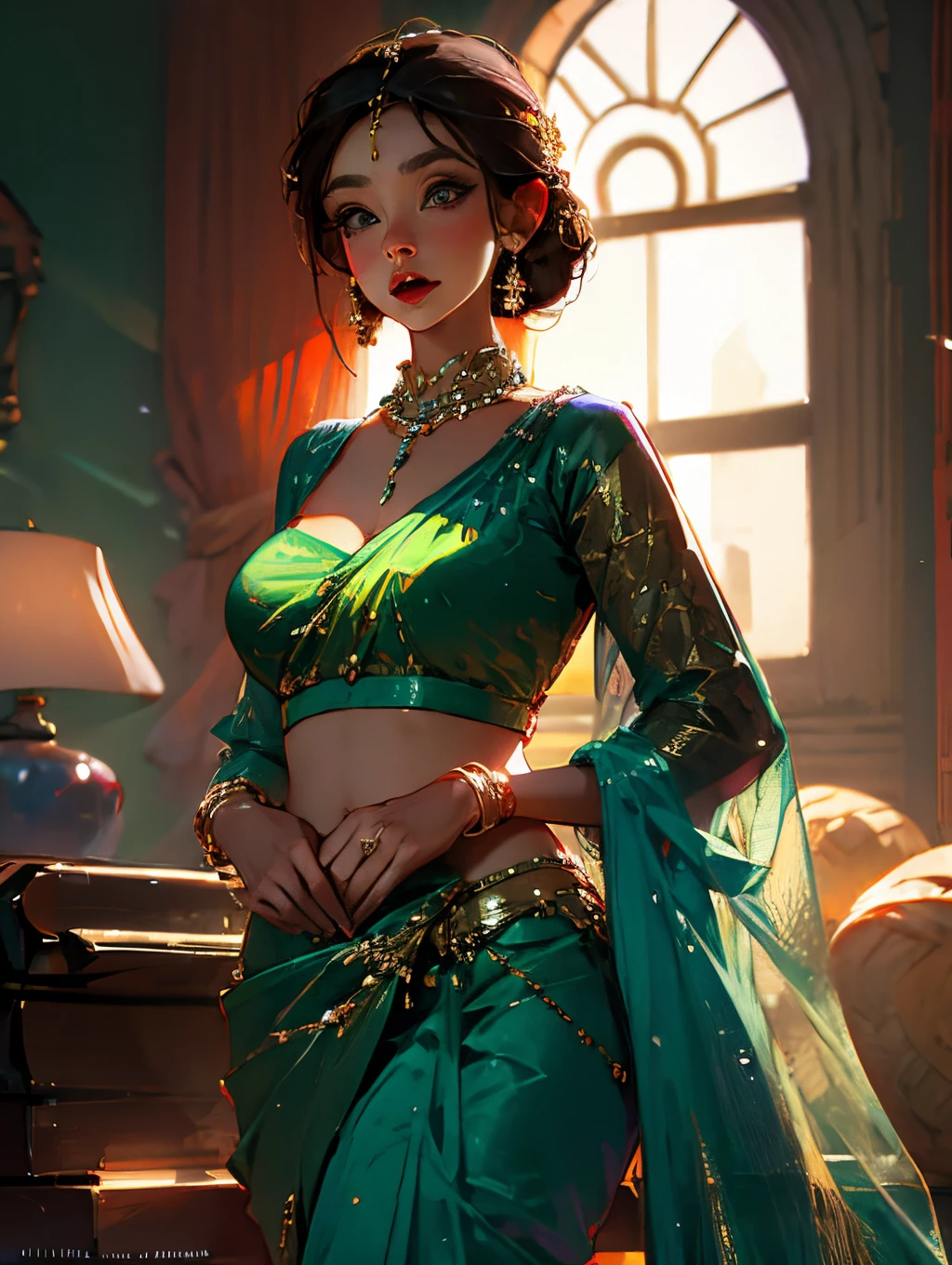 masterpiece, absurdres, maki zenin, 1girl, solo, smiling, mature female, wearing indian saree, green saree, looking at viewelling petals), perfect composition, detailed lips, big breast, beautiful face, body proportion, blush, (pink lips), short green hair, one eye covering, soft gaze, super realistic, detailed, photoshoot, realistic face and body, full body picture, 16k, at a flower garden, high heels, standing,