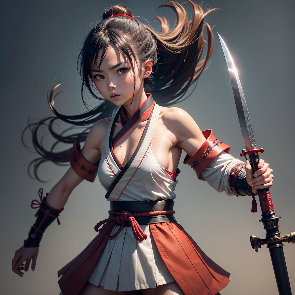 Raw photo of a girl wearing a samurai costume, Stand in a combat stance, Holding a dagger in each hand, Ready for Battle, Wearing small torn samurai clothes (Kimono), Cut her shoulder ( high skin detail: 1.2), 8K UHD, SLR camera, Soft lighting, High quality, Film grain, FujifilmXT3