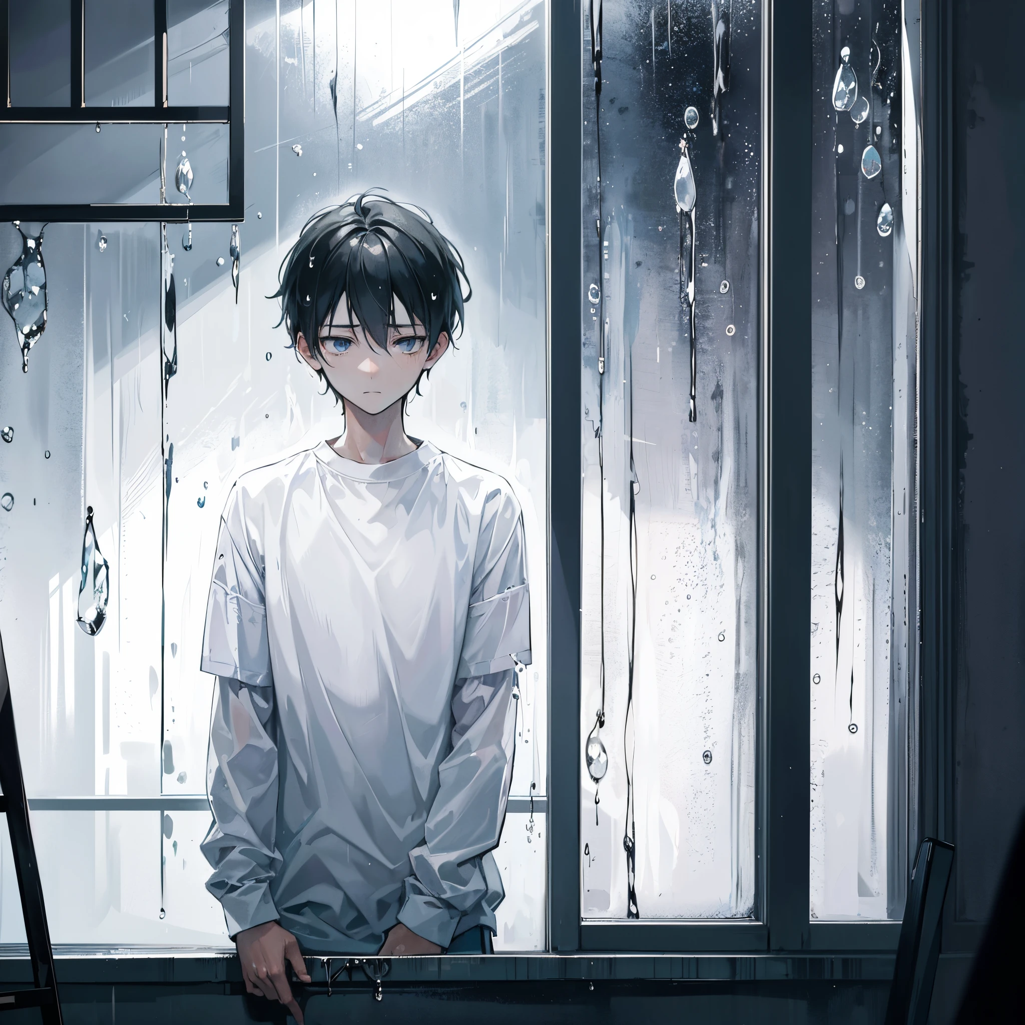 Illustrate a poignant scene portraying a lonely and depressed boy, capturing the emotions of isolation and introspection,Add a rainy window to the background, with droplets sliding down the glass. This visual metaphor symbolizes the external and internal struggles the boy is facing.