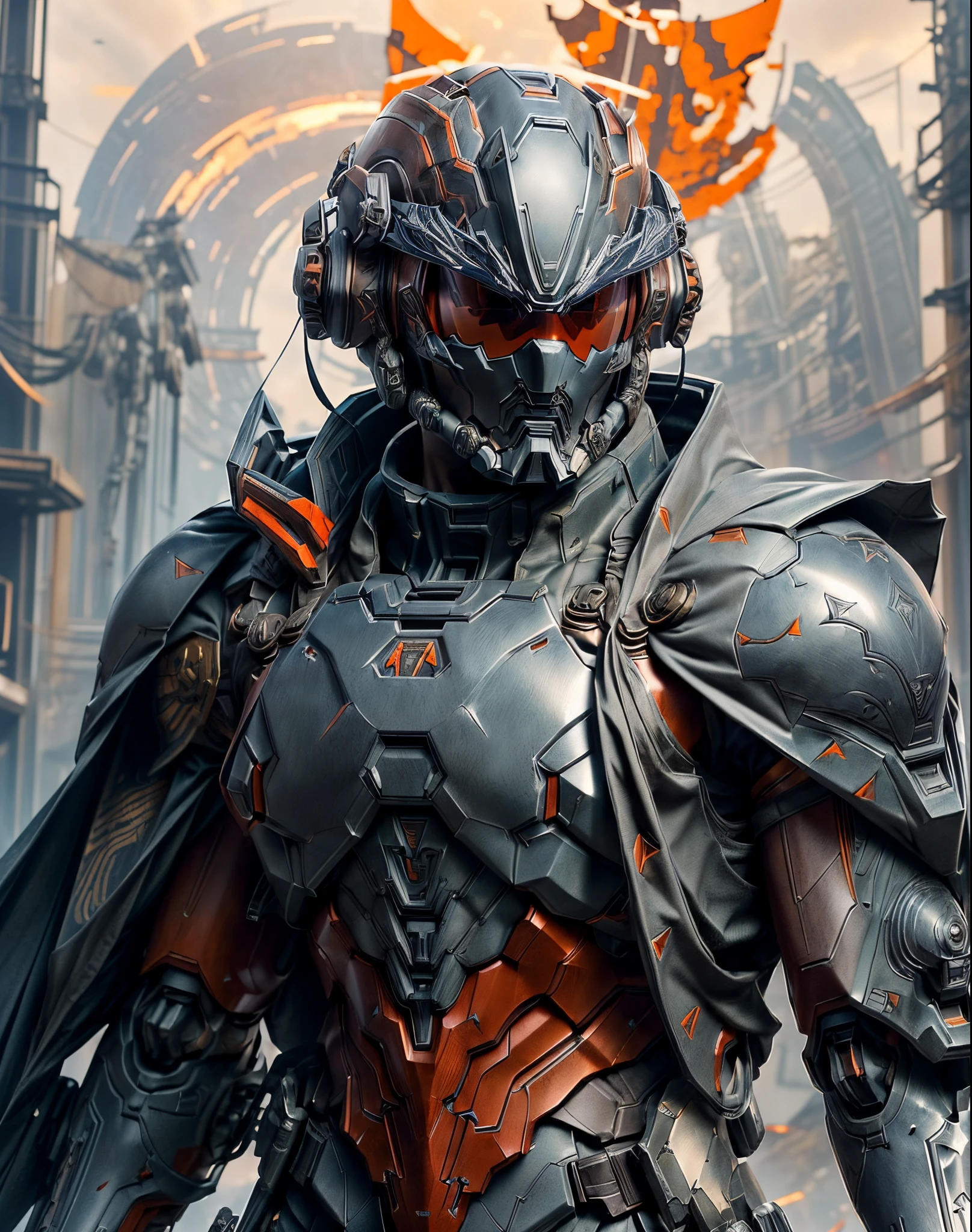 ((An epic and visually stunning digital anime artwork featuring a feminine male space marine clad in a sleek yet tactical white armored military trench coat with a matching (scifi armored mecha helmet with a orange polarized visor))), ((armor plated flat masculine chest. The character is adorned in a (scifi tactical armored trench coat with a built in exoskeleton) (over a form fitted armor plated yet super sleek space suit), the armor plating on the upper arms and shoulders beautifully engraved)). The image showcases the beauty and elegance of the character, ((capturing their flamboyant essence and heavy tactical aesthetic)). The character also possesses an androgynous charm, with slim yet heavily muscled physique, sylphlike with a beautiful feminine waist and toned yet beautifully sleek cybernetic arms, mecha muscles, gothic tribal markings flowing up their abs and down their arms, adding to their unique appearance, looking at viewer, (((anime artstyle)))