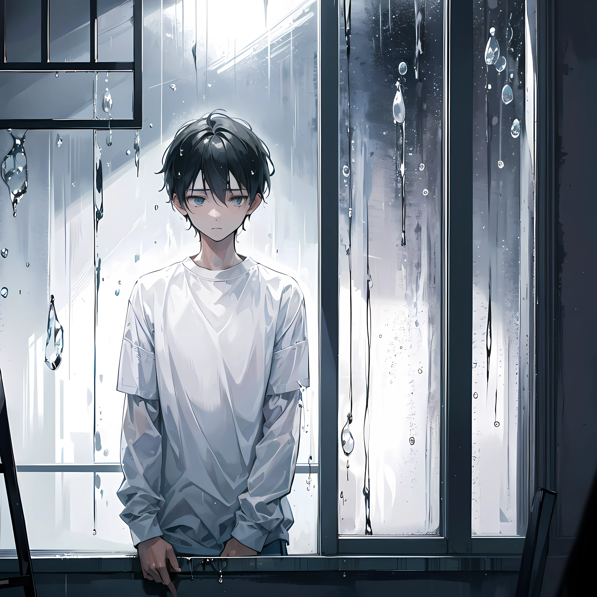 Illustrate a poignant scene portraying a lonely and depressed boy, capturing the emotions of isolation and introspection,Add a rainy window to the background, with droplets sliding down the glass. This visual metaphor symbolizes the external and internal struggles the boy is facing.