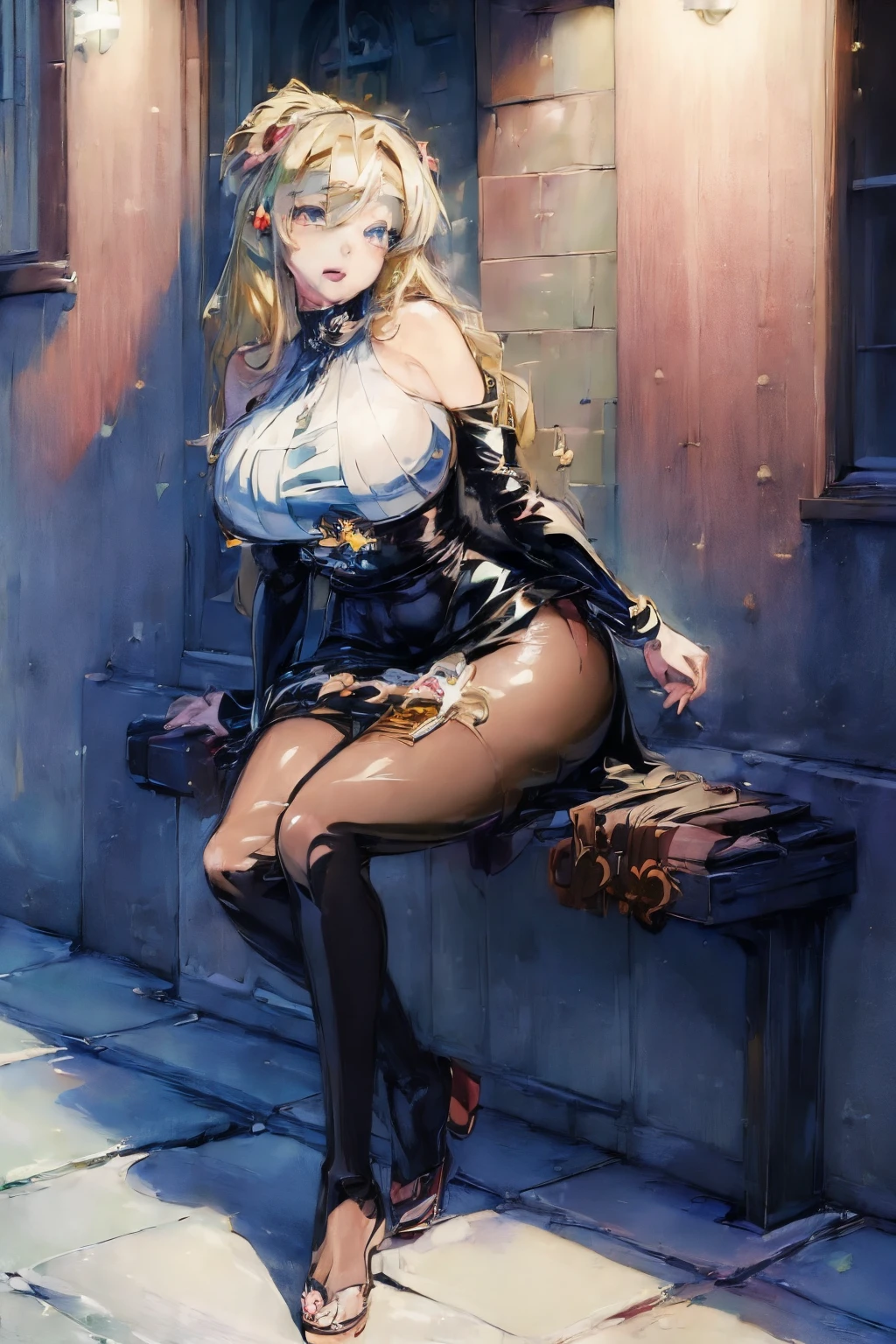 (Top-quality, masterpiece anime: 2.3) Woman; sitting on a bench shaped rock; black wall with a lamp hanging down; Short shiny black latex dress and skirt; exposed breasts; hazel eyes; sweaty; dark brown thight fit seethrough pantyhose; exposed high detailed feet; cigarette in her mouth; blushing look to viewer; middle 30s; thick hips; visible cameltoe; blonde; full lips; beautiful face; white skin shiny skin; anime style; full body; wide hips; anime game art-style