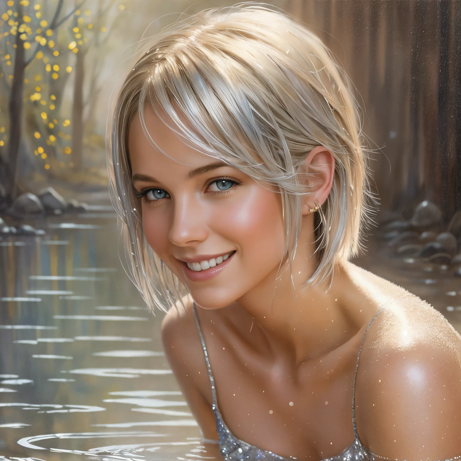 a stunningly beautiful young woman with blonde short hair, smile,beautiful and magical soft silver glitter style by Steve Hanks, Jean Baptiste Monge, fantasy, intricate rose tones, very attractive, beautiful, ultra detailed, iridescent style Jeremy Mann, shabby chic watercolor, wet on wet, splash fast strokes, 8k, hdr, soft lighting, high quality