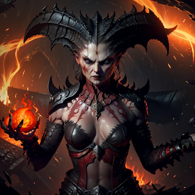 Lilith inside a church, fire, lightning, blood, Face & Chest, towards the mouth erotic gesture with the hands, Hand grip on photo, angry look, anger, drone, lava, volcanoes, lava sea, in the style of D14bl0