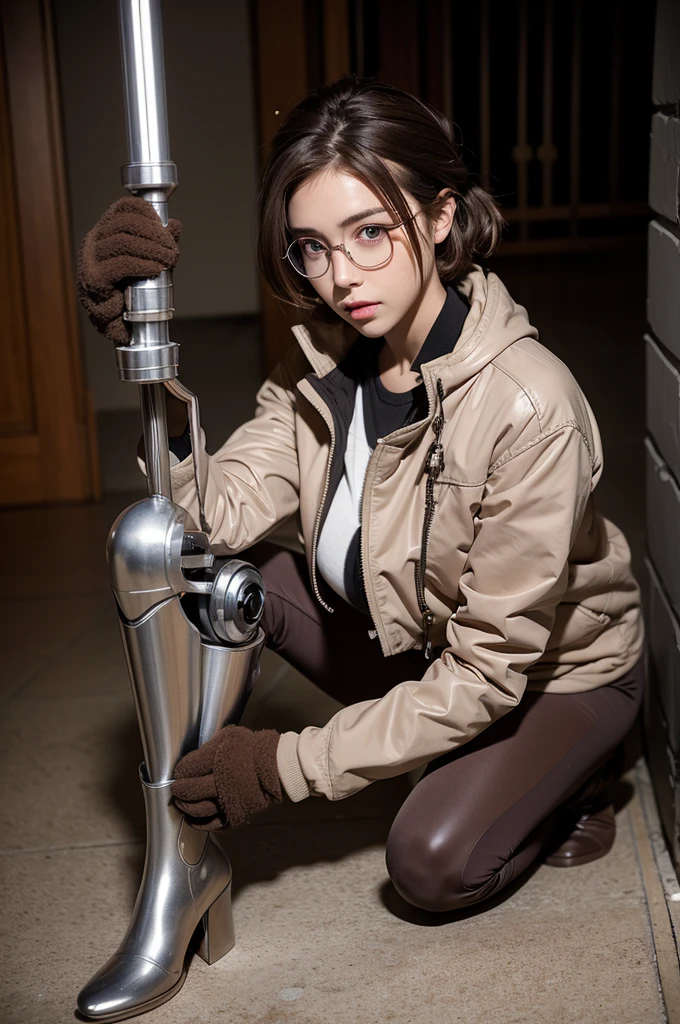 (masterpiece), 1girl, solo, brown hair, short hair, spirals hairstyle, glowing silver eyes, glasses, prosthetic body, large breasts, brown jacket, gloves without fingers, prosthetic tubes on body, prosthetic legs, brown boots, random pose