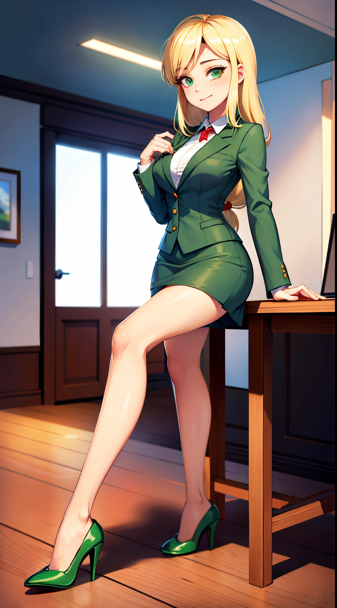 1girl, masterpiece, (detailed background), best quality, absurdres,
smirk, dressed like secretary, business suit, skirt suit, blazer, pencil skirt, bare legs, high heels, closed mouth, office, personification, blonde hair, orange skin, green eyes