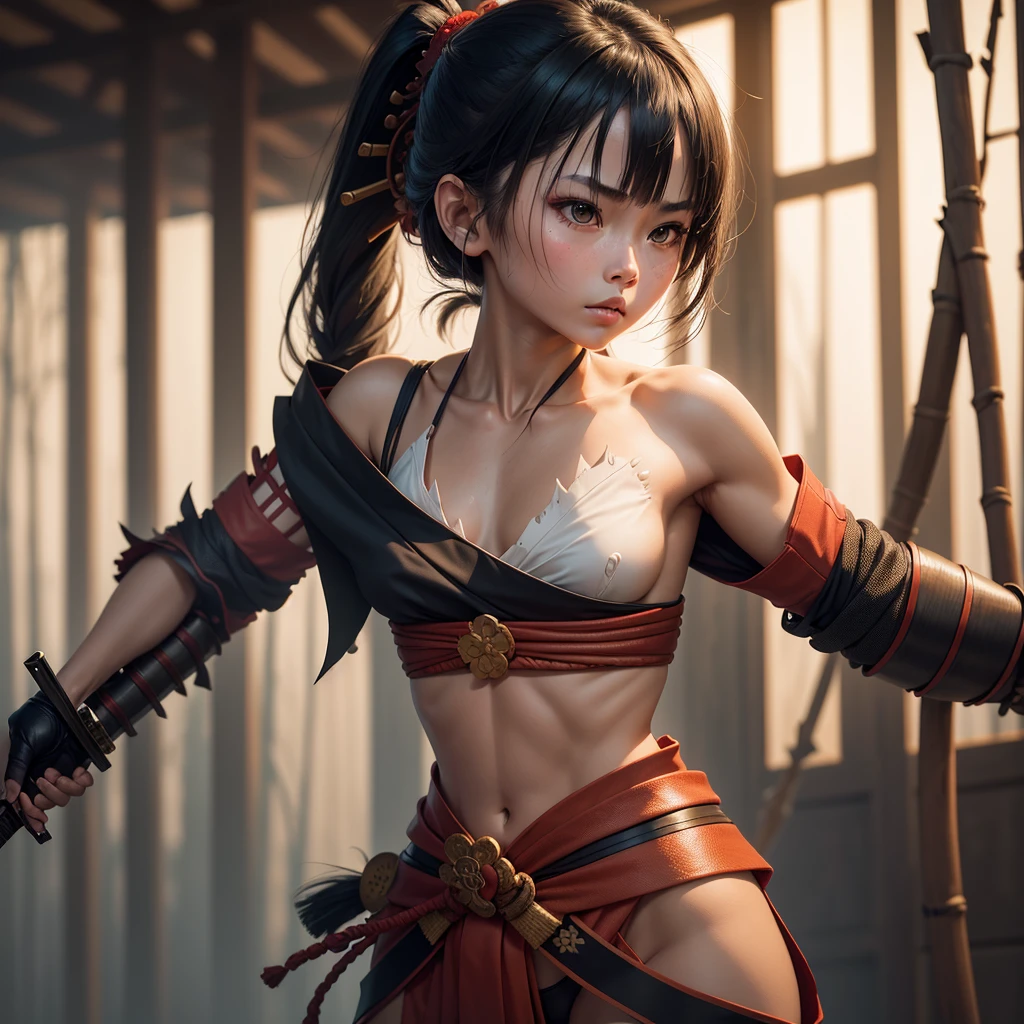 Raw photo of a girl wearing a samurai costume, Stand in a combat stance, Holding a dagger in each hand, Ready for Battle, Wearing small torn samurai clothes (Kimono) (bamboo forrest), Cut her shoulder ( high skin detail: 1.2), 8K UHD, SLR camera, Soft lighting, High quality, Film grain, FujifilmXT3
