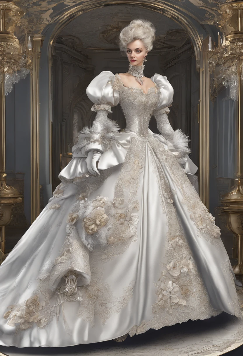 Fairytale Illustration, A Stately and Elaborate Royal Victorian Court Dress of silver damask adorned with (((bows))), poufs, ruffles, frills, lace, (((embroidery))), and jewels,, with (((enormous puffed sleeves))), an hourglass waist, and a (((huge crinoline hoopskirt))) long white gloves, pearl necklace and earrings