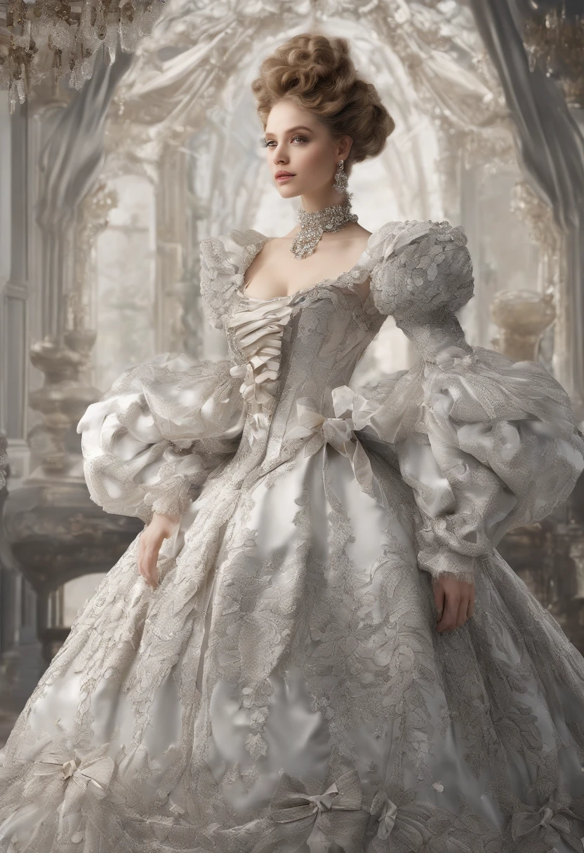 Fairytale Illustration, A Stately and Elaborate Royal Victorian Court Dress of silver damask adorned with (((bows))), poufs, ruffles, frills, lace, (((embroidery))), and jewels,, with (((enormous puffed sleeves))), an hourglass waist, and a (((huge crinoline hoopskirt))) long white gloves, pearl necklace and earrings