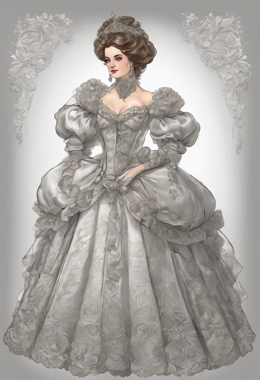 Fairytale Illustration, A Stately and Elaborate Royal Victorian Court Dress of silver damask adorned with (((bows))), poufs, ruffles, frills, lace, (((embroidery))), and jewels,, with (((enormous puffed sleeves))), an hourglass waist, and a (((huge crinoline hoopskirt))) long white gloves, pearl necklace and earrings