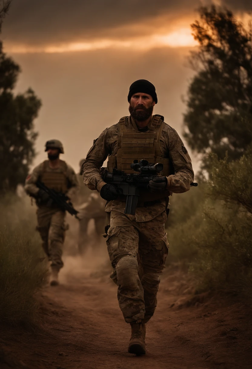 An image of Captain Price leading a sunset jog with the squad around the RAF base,Modern Warfare series,Captain John Price is a tall man in his 30s, famously portrayed by actor Barry Sloane. He wears a boonie hat, has a mutton chops styled beard, and often wears tactical equipment fit for a soldier.