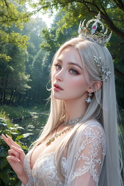(best quality,4k,8k,highres,masterpiece:1.2),ultra-detailed,(realistic,photorealistic,photo-realistic:1.37),beautiful detailed eyes,beautiful detailed lips,extremely detailed eyes and face,long eyelashes,1girl,illustration,dragon scales,shiny silver hair,fair-skinned princess,fantasy princess theme,royal crown and tiara,sparkling jewelry,embroidered silk dress,ornate lace patterns,magical amulet,enchanted forest background,soft sunlight filtering through the trees,fairy lights illuminating the scene,vibrant colors,mystical atmosphere,ethereal glow,fantasy art style,surreal color palette,alluring expression,confident posture,regal aura,Whimsical fantasy scenery,hint of mystery