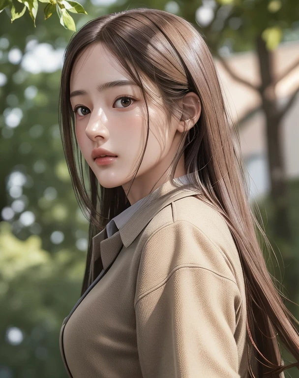Photorealistic, masutepiece, Best Quality, Raw photo, 1girl in, Solo, Long hair, Brown hair, Detailed face, alluring face, Collared shirt, medium breasts, Dynamic Pose, Looking at Viewer, From below, Detailed background, fine detailed, intricate detailes, Ray tracing, depth of fields, lowkey, nffsw