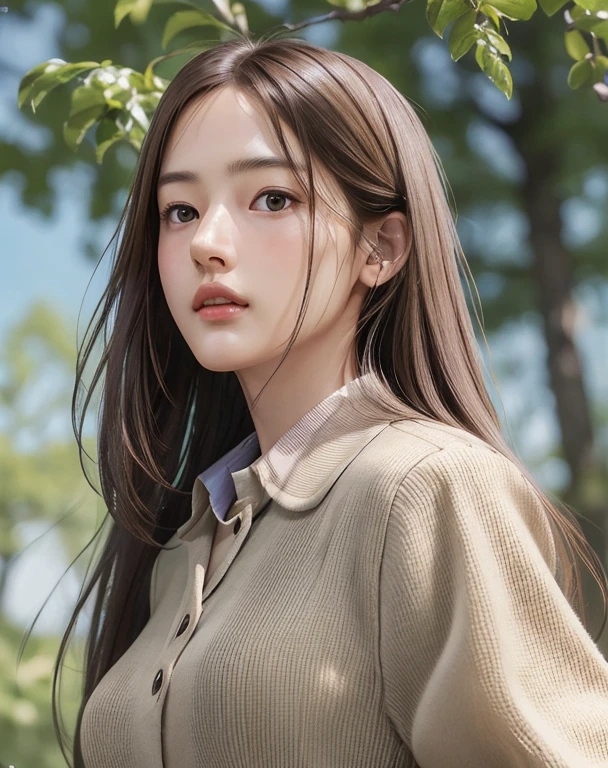 Photorealistic, masutepiece, Best Quality, Raw photo, 1girl in, Solo, Long hair, Brown hair, Detailed face, alluring face, Collared shirt, medium breasts, Dynamic Pose, Looking at Viewer, From below, Detailed background, fine detailed, intricate detailes, Ray tracing, depth of fields, lowkey, nffsw