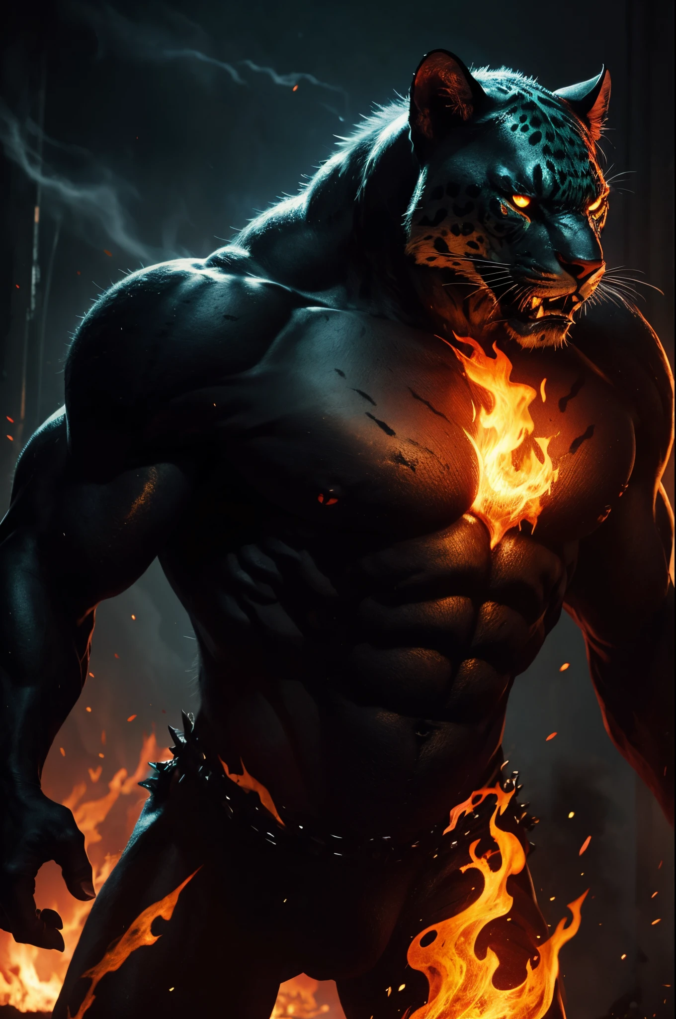 nightmare beast Jaguar, flames, best quality, cinematic lighting, beautiful,