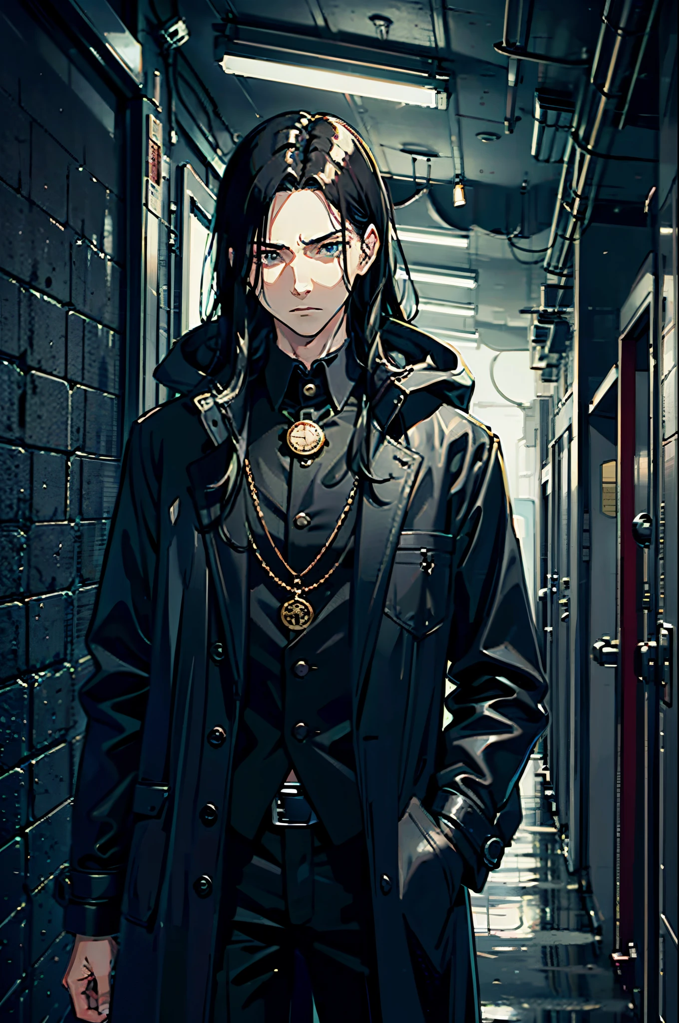 young guy, long black hair, pale face, classic suit, pocket watch, black leather raincoat, cruel look, energy aura