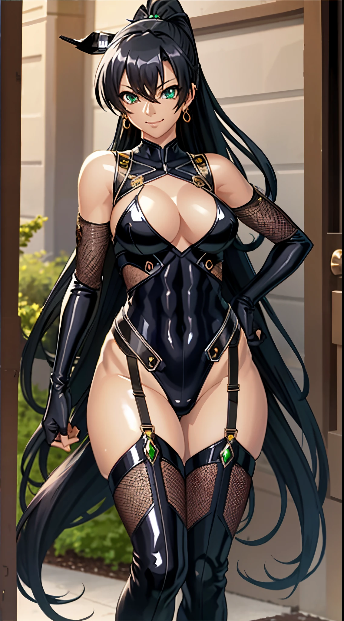 masterpiece, best quality, 1girl, breasts, solo, fuuma tokiko, black hair, long hair, ponytail, black leotard, black thighhighs, garter straps, black elbow gloves, green gemstone, jewelry, highleg leotard, thigh boots, covered navel, smile, (abs:1.6), toned, looking at viewer,