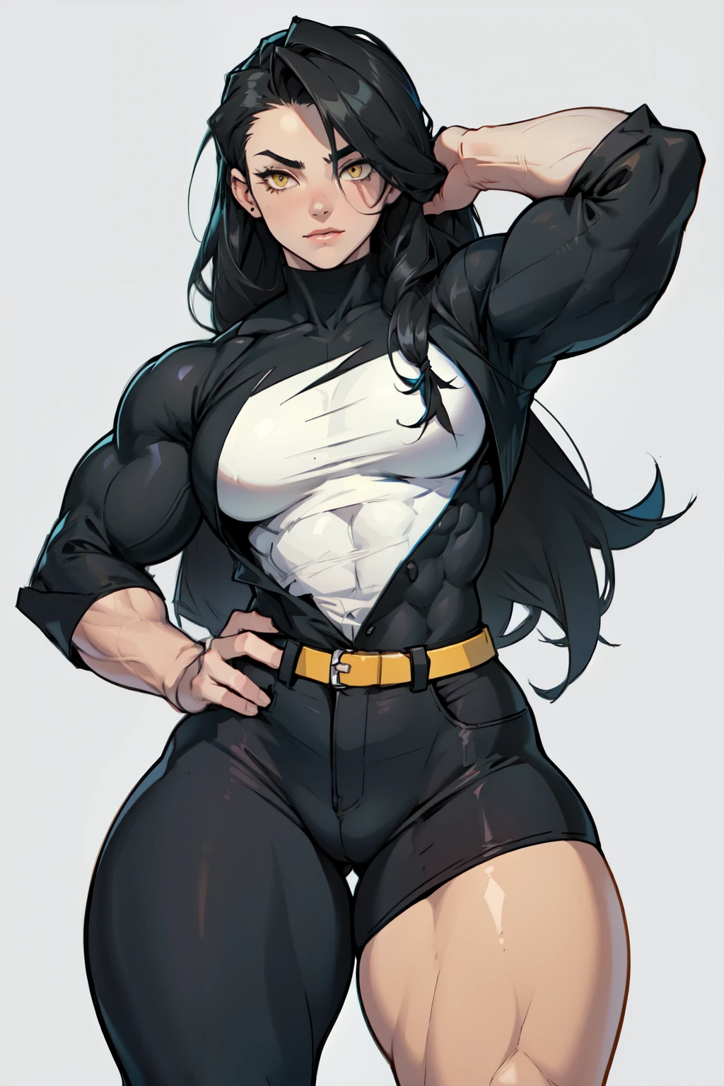 ((((muscular 1girl)))) ((((thick thighs toned body)))) (pale skin) black hair yellow eyes very long hair tight shirt tight pants