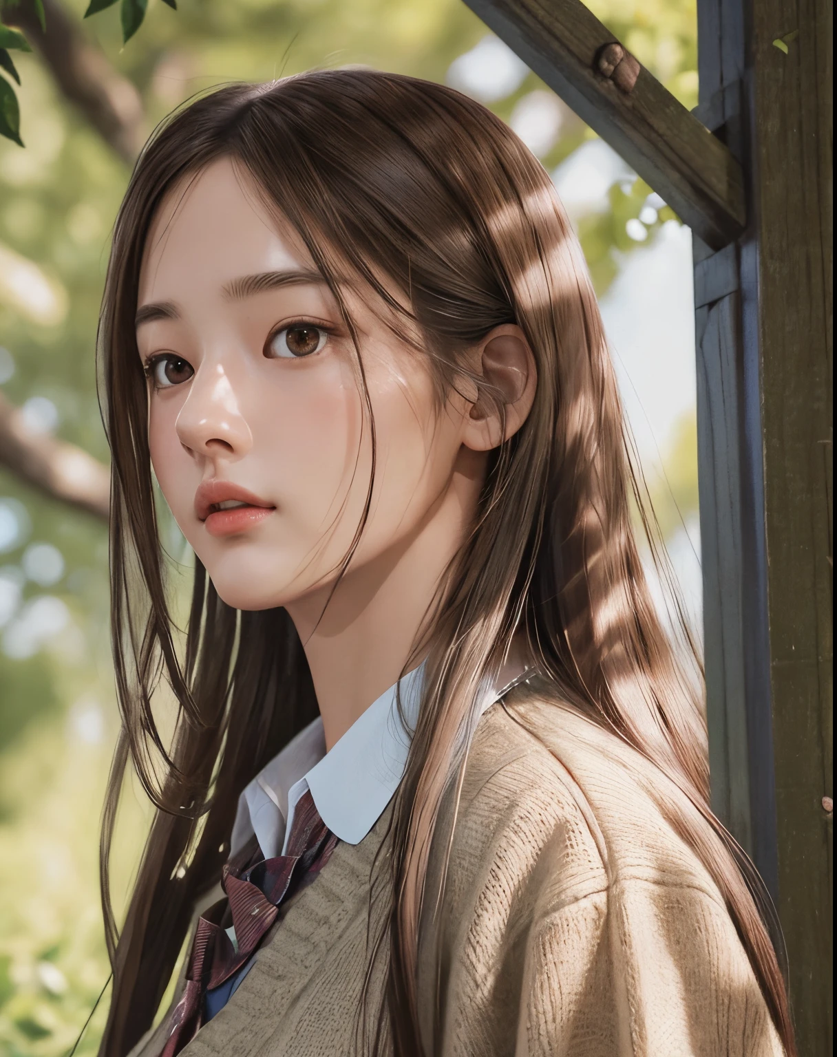 Photorealistic, masutepiece, Best Quality, Raw photo, 1girl in, Solo, Long hair, Brown hair, Detailed face, alluring face, Collared shirt, medium breasts, Dynamic Pose, Looking at Viewer, From below, Detailed background, fine detailed, intricate detailes, Ray tracing, depth of fields, lowkey, nffsw