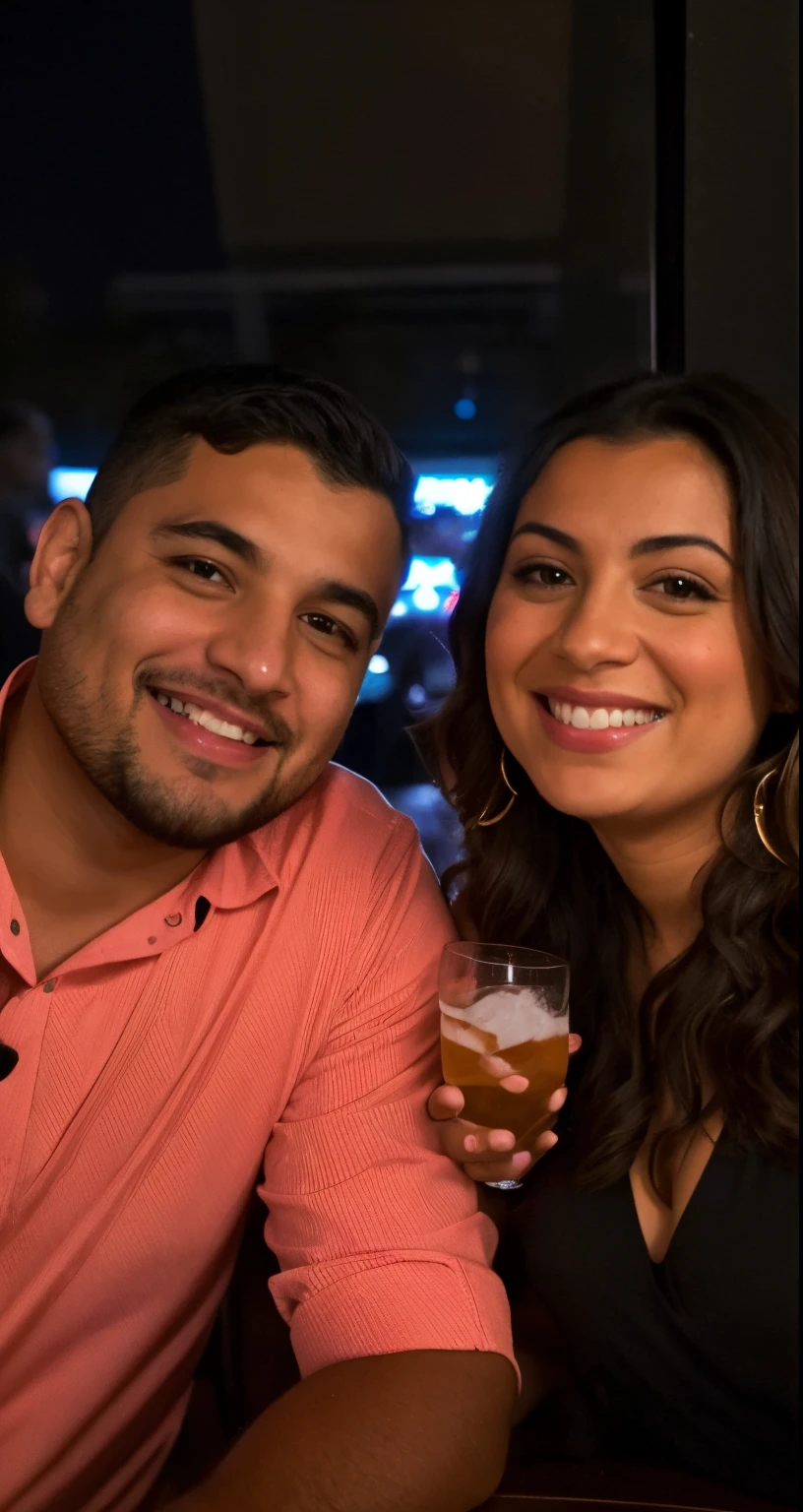 smiling couple sitting at a table in a restaurant with a drink, smiling couple, happy couple, karla ortiz, detailed!, profile image, profile picture, both smiling for the camera, reddit post, nighttime!, taken in the early 2020s, carpool karaoke, andrew gonzalez, headshot profile picture, charli bowater and artgeem