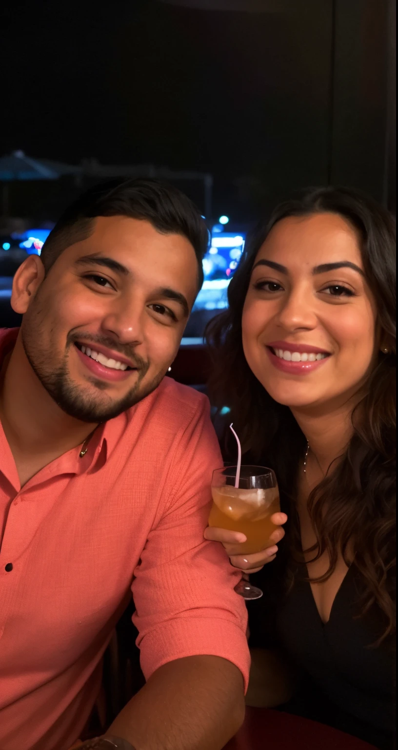 smiling couple sitting at a table in a restaurant with a drink, smiling couple, happy couple, karla ortiz, detailed!, profile image, profile picture, both smiling for the camera, reddit post, nighttime!, taken in the early 2020s, carpool karaoke, andrew gonzalez, headshot profile picture, charli bowater and artgeem
