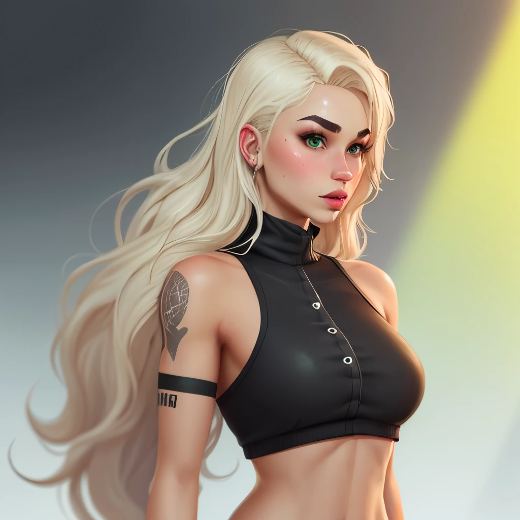 fortnite skin with long platinum blonde hair with black streaks, green eyes, tan skin, dark eyebrows, big lips, button nose, thin body, big butt