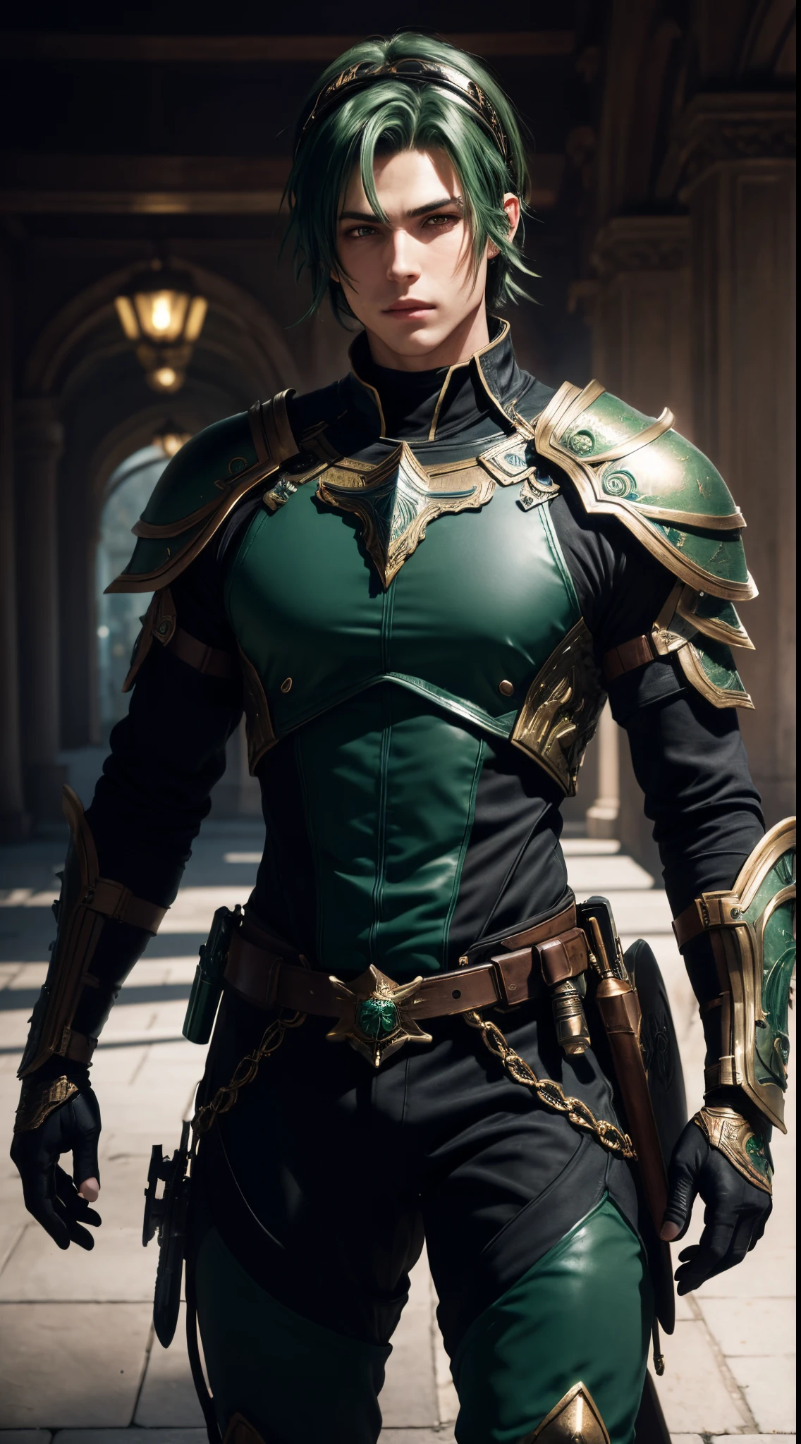 (absurdres, highres, ultra detailed, HDR), masterpiece, best quality, Valkyrie Profile Character handsome boy in black Valkyrie suit short hair wearing headgear green hair