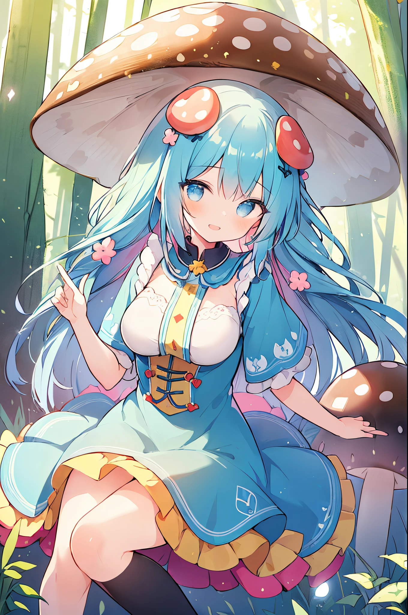 (a girl with) mushroom on head, detailed hair, colorful mushrooms on head, cheerful expression, vibrant colors, fantasy style, ethereal lighting, best quality, ultra-detailed, dreamy atmosphere, magical forest background, whimsical, surreal scene.