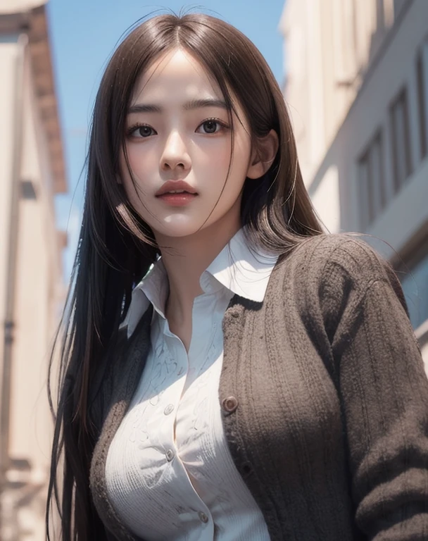 Photorealistic, masutepiece, Best Quality, Raw photo, 1girl in, Solo, Long hair, Brown hair, Detailed face, alluring face, Collared shirt, medium breasts, Dynamic Pose, Looking at Viewer, From below, Detailed background, fine detailed, intricate detailes, Ray tracing, depth of fields, lowkey, nffsw