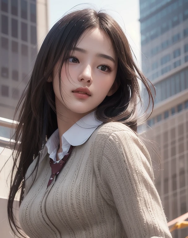 Photorealistic, masutepiece, Best Quality, Raw photo, 1girl in, Solo, Long hair, Brown hair, Detailed face, alluring face, Collared shirt, medium breasts, Dynamic Pose, Looking at Viewer, From below, Detailed background, fine detailed, intricate detailes, Ray tracing, depth of fields, lowkey, nffsw